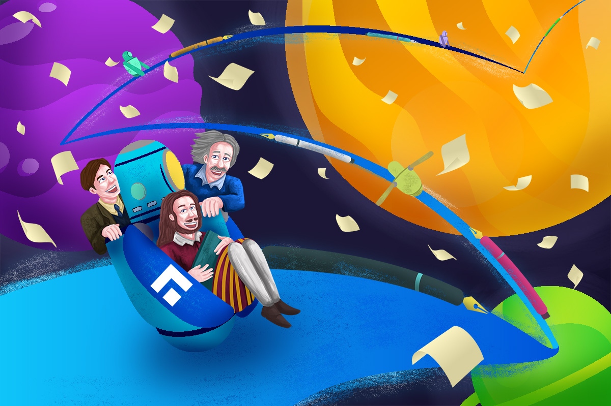 Albert Einstein, Alan Turing, and William Shakespeare riding on a robot with the Scalenut logo that is carrying through them through space to different planets with papers and pens floating around them.