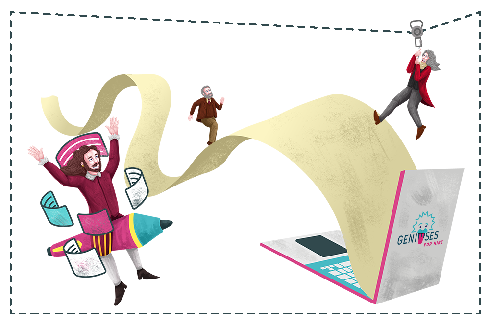 An illustration of Shakespeare, Newton, and Andrew Carnegie writing a content brief.  Shakespeare is riding a rocket pen, Carnegie is running on a piece of paper coming out of a laptop, and Newton is ziplining around the screen.