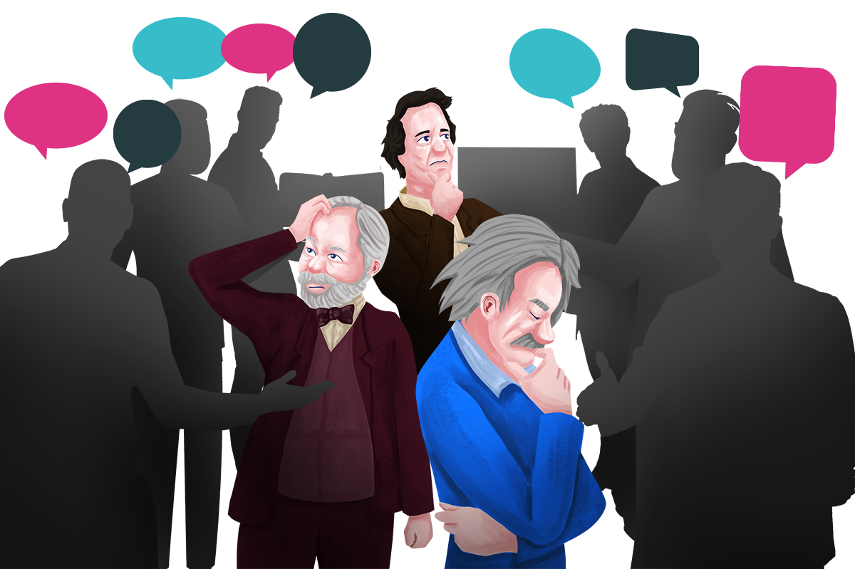 Illustration Einstein, Babbage, and Carnegie surrounded by faded out people barraging them with questions.