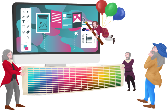 A group of geniuses working on graphic design together.  William Shakespeare is floating with balloons while writing on a computer monitor, Isaac Newton and Galileo Galilea hold a color palette while Leonardo da Vinci stands thinking about what to do next to the brochure that is being designed on the monitor.