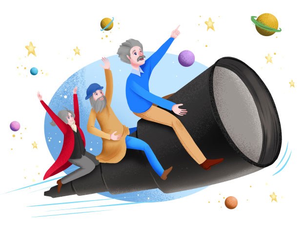 Illustration of Einstein, DaVinci, and Newton riding a telescope through the stars.