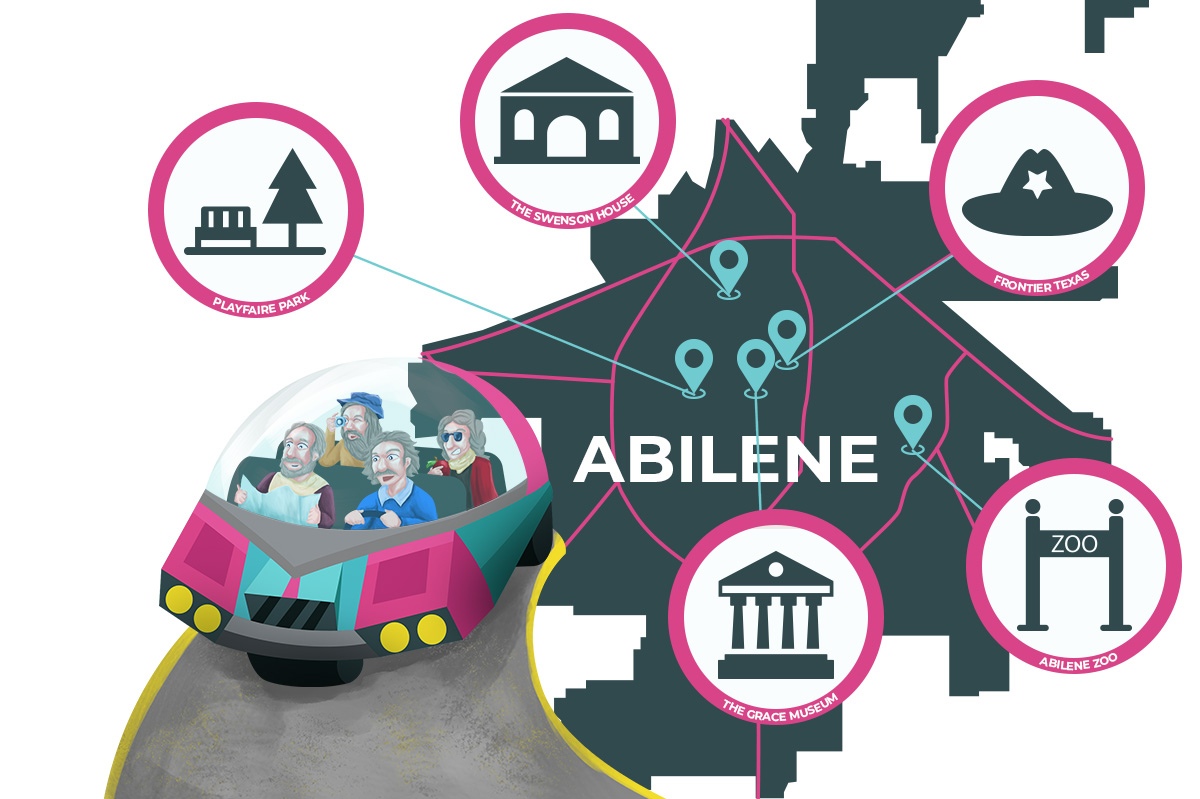 Illustration of Isaac Einstein, Galileo Galilea, Leonardo da Vinci, and Isaac Newton driving in a futuristic car with an outline of Abilene, Texas in the background with the key things to do in Abilene highlighted.