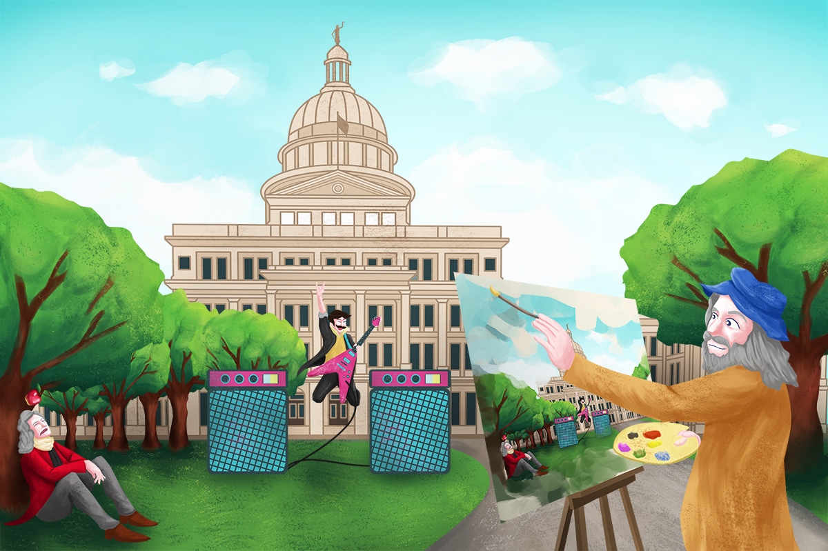 Illustrated seen of the state capitol in Austin, Texas.  Nikola Tesla plays guitar, Isaac Newton sits in front of a tree with an apple falling on his head, and Leonardo da Vinci paints the scene of everyone on the garden in front of the Texas state capitol.