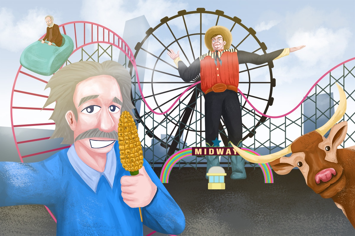 An illustration of Albert Einstein eating roasted corn and a longhorn staring at the camera with Andrew Carnegie riding a roller coaster at the Texas State Fair with Big Tex and a Ferris wheel in the background.