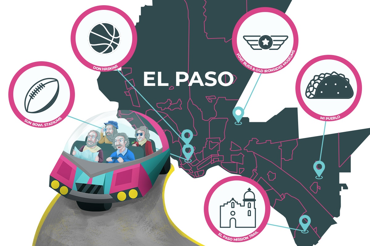 Illustration of Isaac Einstein, Galileo Galilea, Leonardo da Vinci, and Isaac Newton driving in a futuristic car with an outline of El Paso, Texas in the background with the key things to do in El Paso highlighted.
