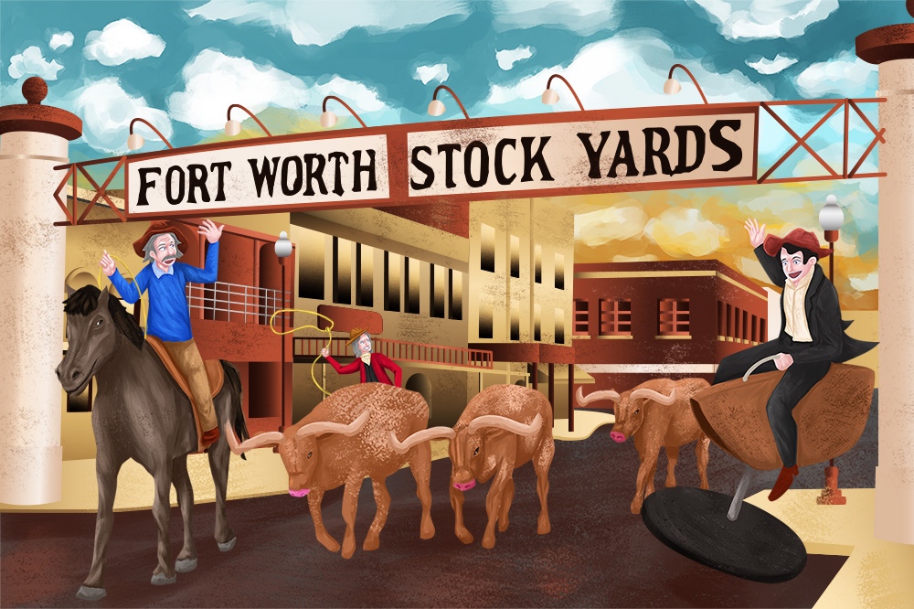 Illustrated scene of the Fort Worth Stock Yards.  Albert Einstein is riding a horse, Isaac Newton is wrangling cattle, and Harry Houdini is riding an automated bull under a Fort Worth Stock Yards sign.