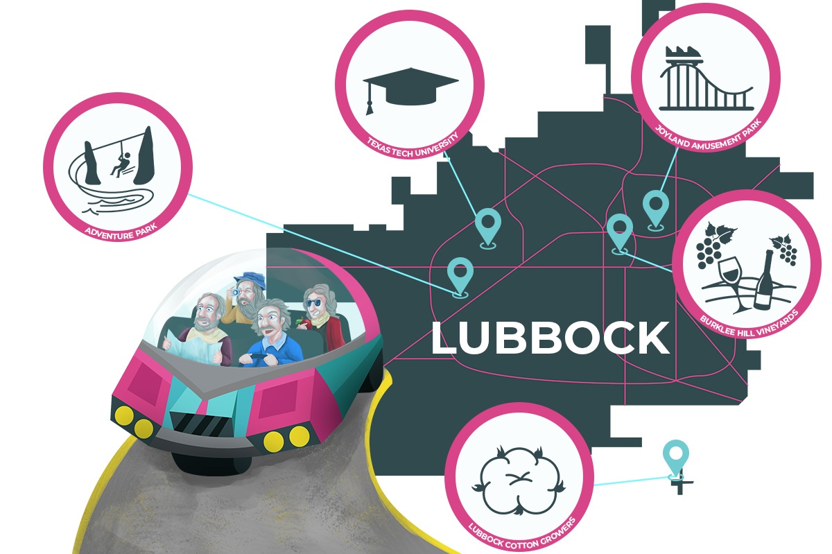 Illustration of Isaac Einstein, Galileo Galilea, Leonardo da Vinci, and Isaac Newton driving in a futuristic car with an outline of Lubbock, Texas in the background with the key things to do in Lubbock highlighted.