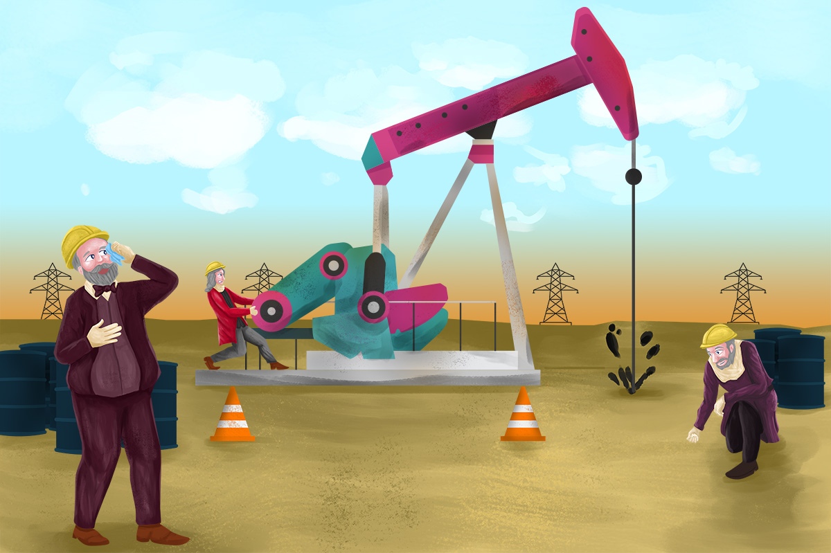 Alexander Graham Bell is talking on a phone while Galileo checks the ground and Newton works on an oil pump in an illustration of an Odessa oilfield.