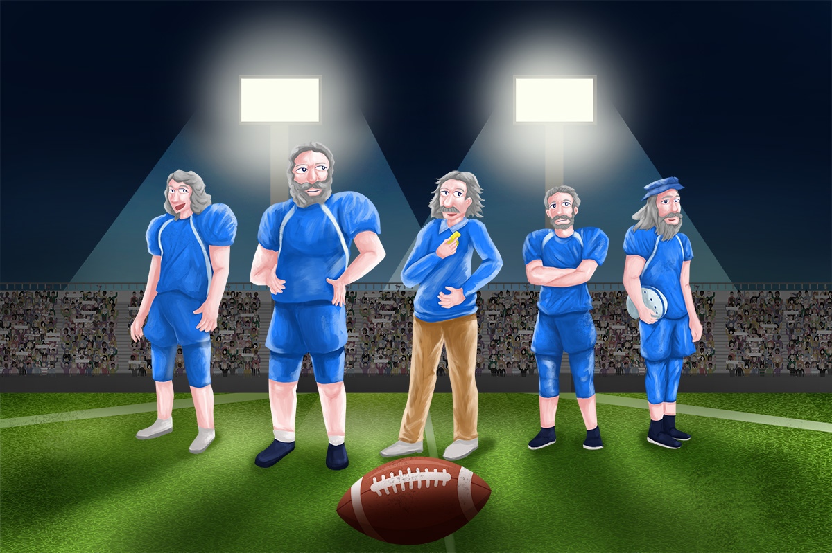 Illustrated genius characters standing under the lights in a football stadium. Isaac Newton, Andrew Carnegie, Albert Einstein, Galileo Galilea, and Leonardo da Vinci stand in a line.