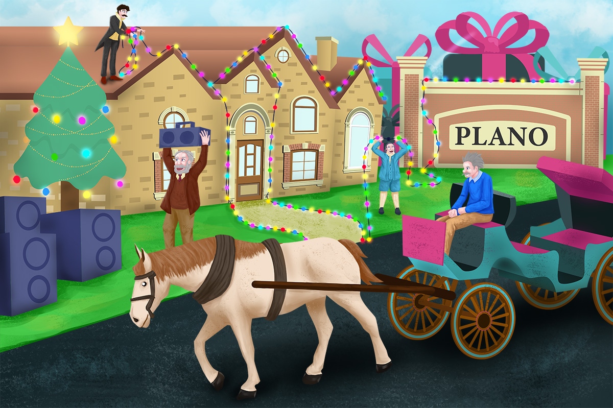 An illustrated version of genius characters for Plano, Texas as seen during the Deerfield Christmas lights.  Tesla is putting lights on the house, while Benjamin Franklin plugs them in, Carnegie carries a speaker and Einstein drives a horse drawn carriage.