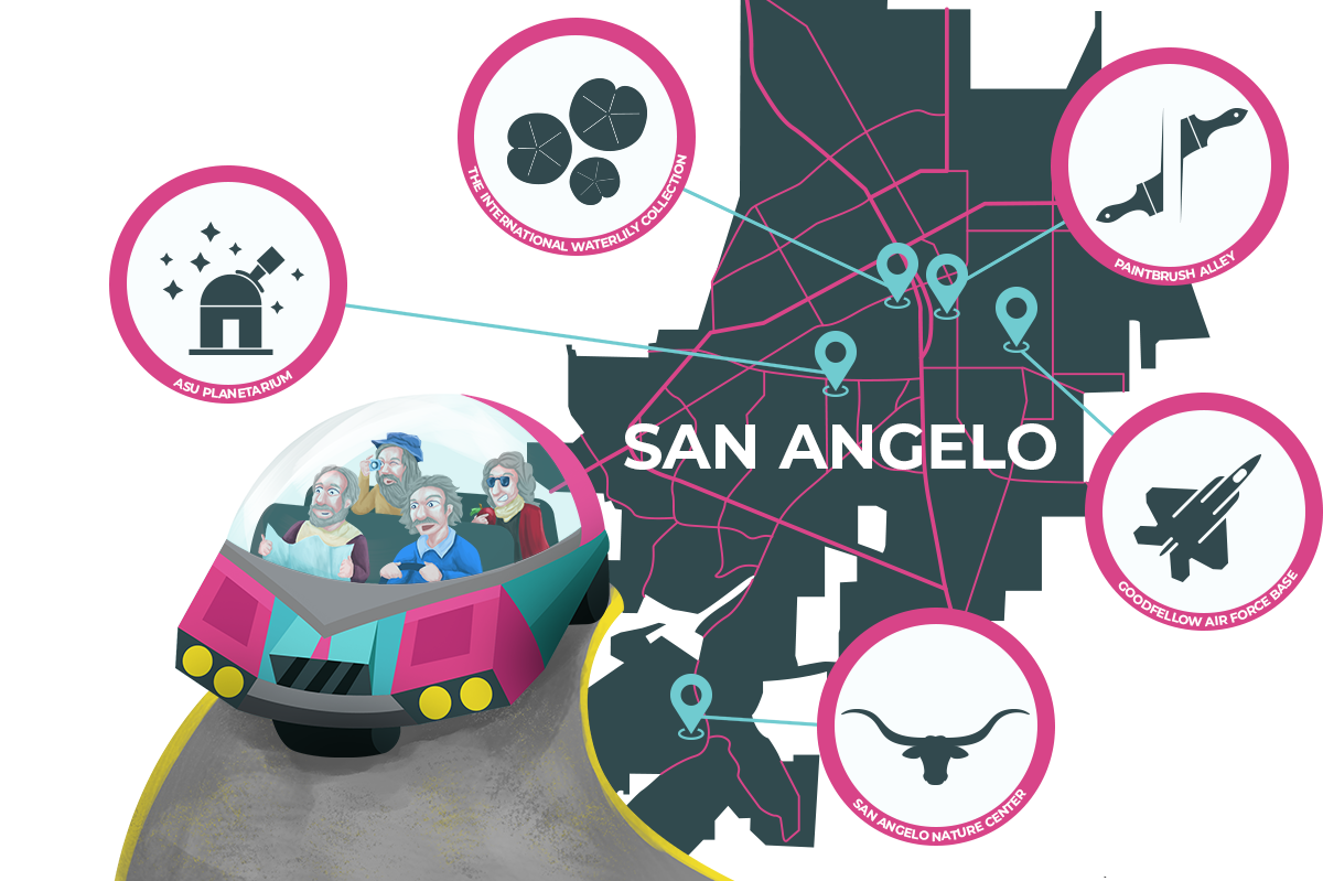 Illustration of Isaac Einstein, Galileo Galilea, Leonardo da Vinci, and Isaac Newton driving in a futuristic car with an outline of San Angelo, Texas in the background with the key things to do in San Angelo highlighted.