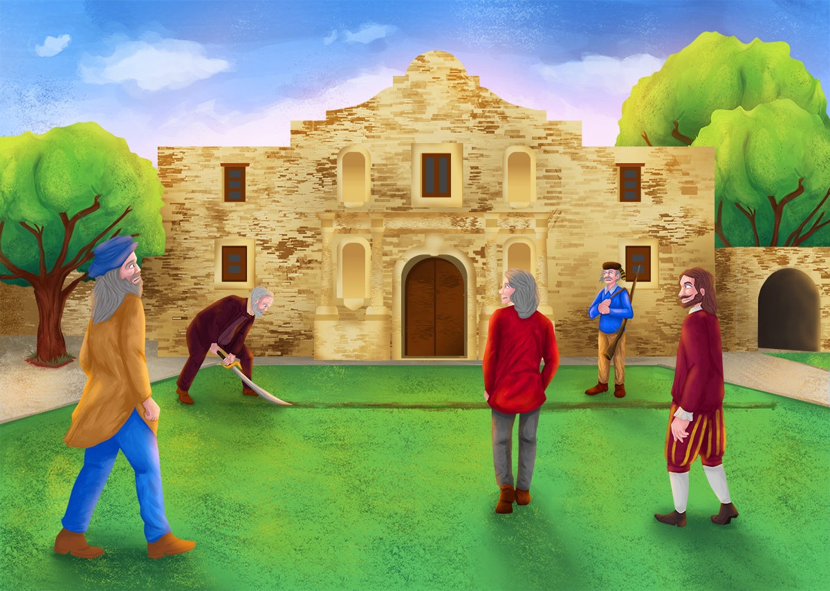 Illustrated geniuses standing in front of the Alamo in San Antonio, Texas.  Andrew Carnegie is drawing a line in the ground with a sword. Einstein is wearing a coonskin cap and holding a rifle.  Newton, Shakespeare, and Leonardo da Vinci are standing and watching.