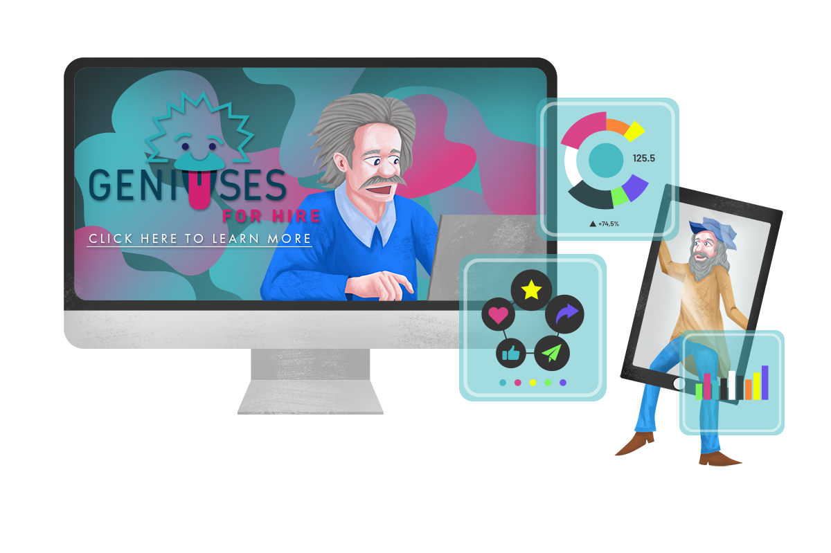 Illustration of Leonardo Davinci holding a cell phone standing next to a computer monitor with Albert Einstein as a display ad.