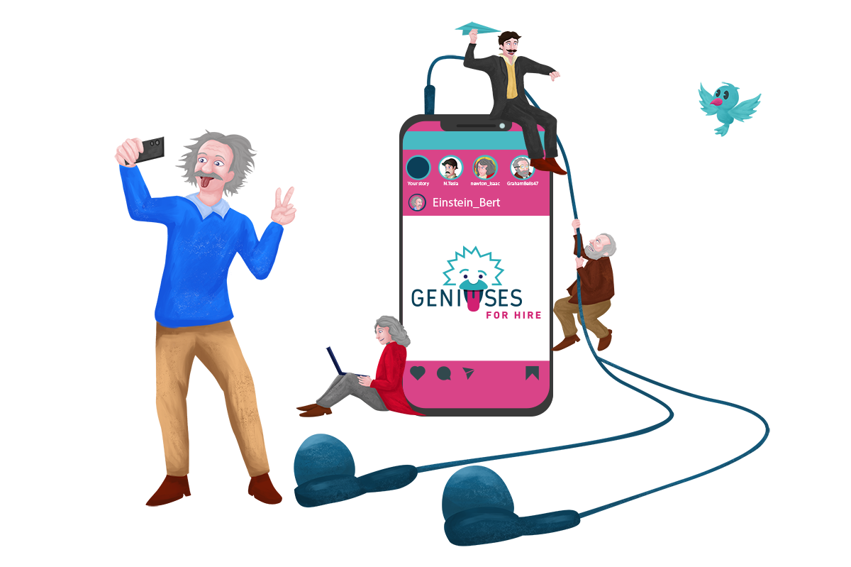 Einstein taking a selfie in front of an oversized cell phone with a social media profile that Tesla is throwing a paper airplane from while Newton is working on a laptop and Graham Bell is climbing.