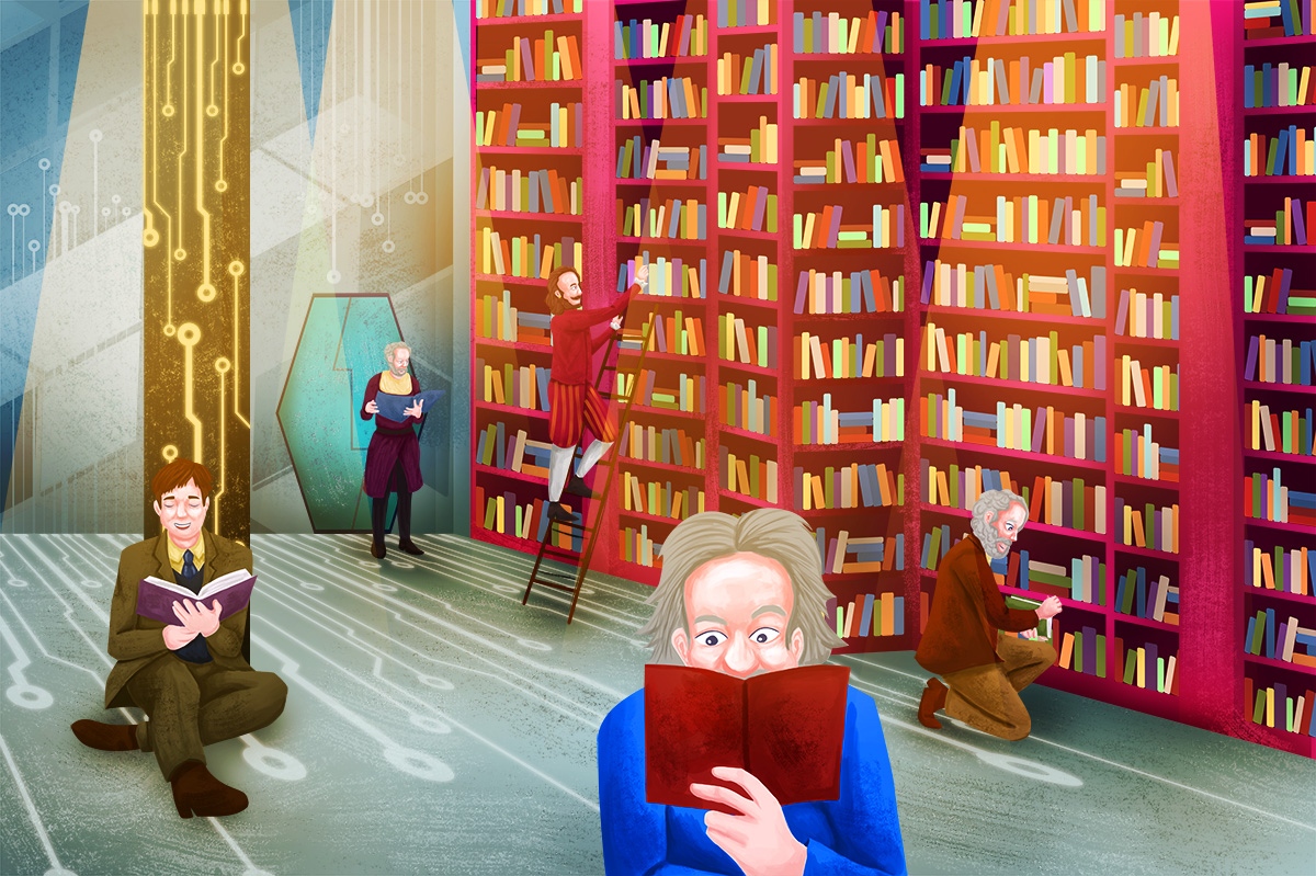 Illustration of Albert Einstein, Alan Turing, Galileo Galilei, and Andrew Carnegie reading and researching in a modern library.