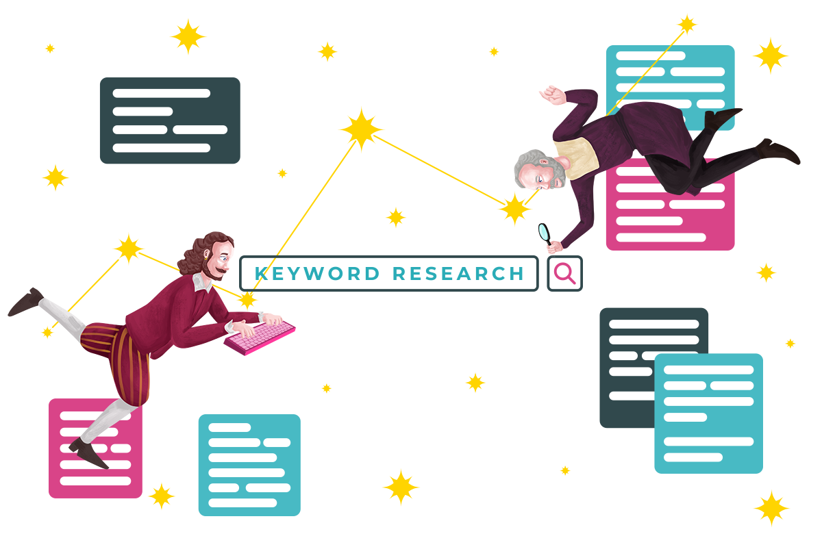 Illustration of William Shakespeare and Andrew Carnegie floating in the air while doing keyword research.