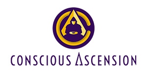 Logo for Conscious Ascension.  A meditating man inside of a pyramid that is in side of a C to form an abstract CA for the brand letters.