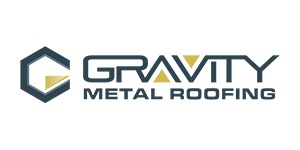 Gravity Metal Roofing logo.  The icon is a G with an abstract metal roof forming the line on the G.